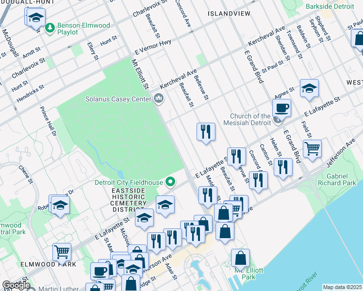 map of restaurants, bars, coffee shops, grocery stores, and more near 1320 Mount Elliott Street in Detroit