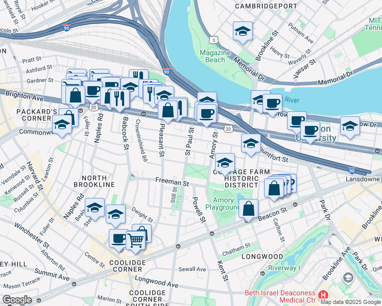 map of restaurants, bars, coffee shops, grocery stores, and more near 49 Egmont Street in Brookline