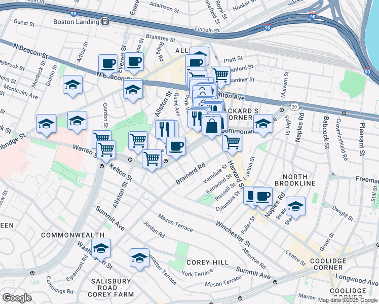map of restaurants, bars, coffee shops, grocery stores, and more near 1277 Commonwealth Avenue in Boston