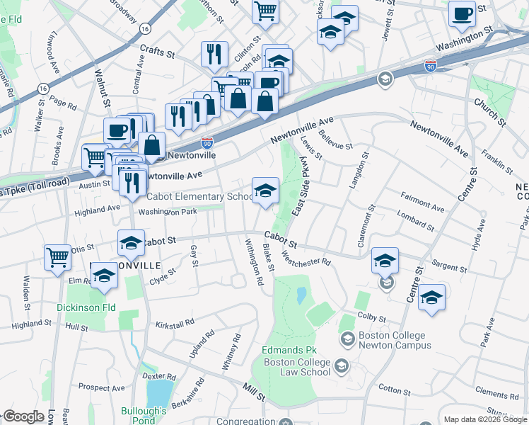 map of restaurants, bars, coffee shops, grocery stores, and more near 229 Cabot Street in Newton