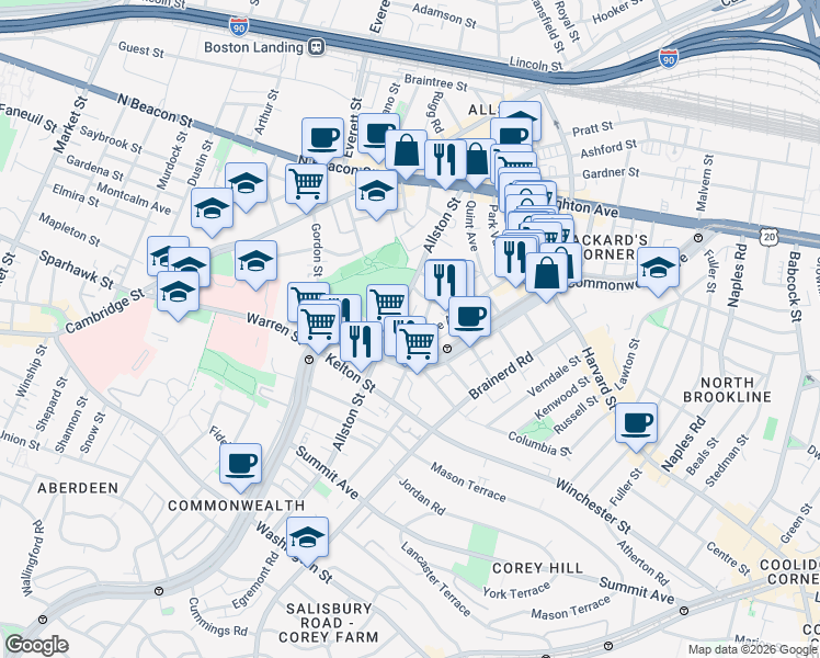map of restaurants, bars, coffee shops, grocery stores, and more near 28 Long Avenue in Boston