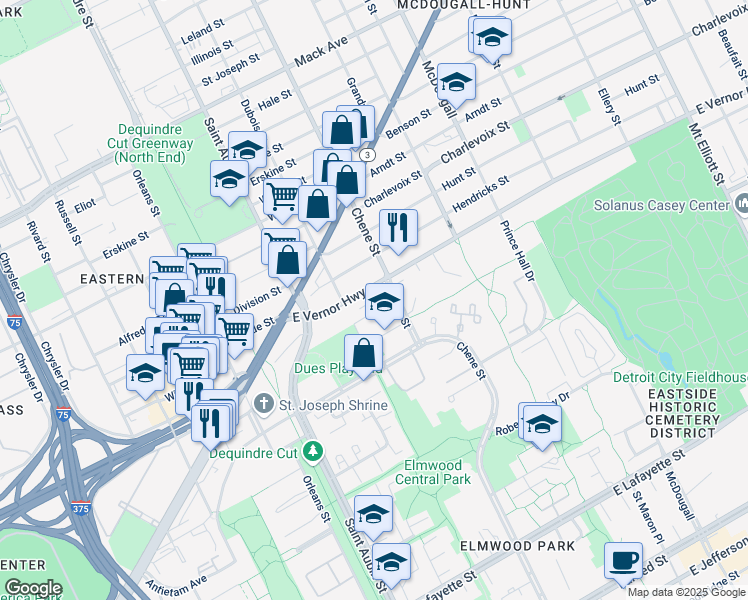 map of restaurants, bars, coffee shops, grocery stores, and more near 2360 East Vernor Highway in Detroit
