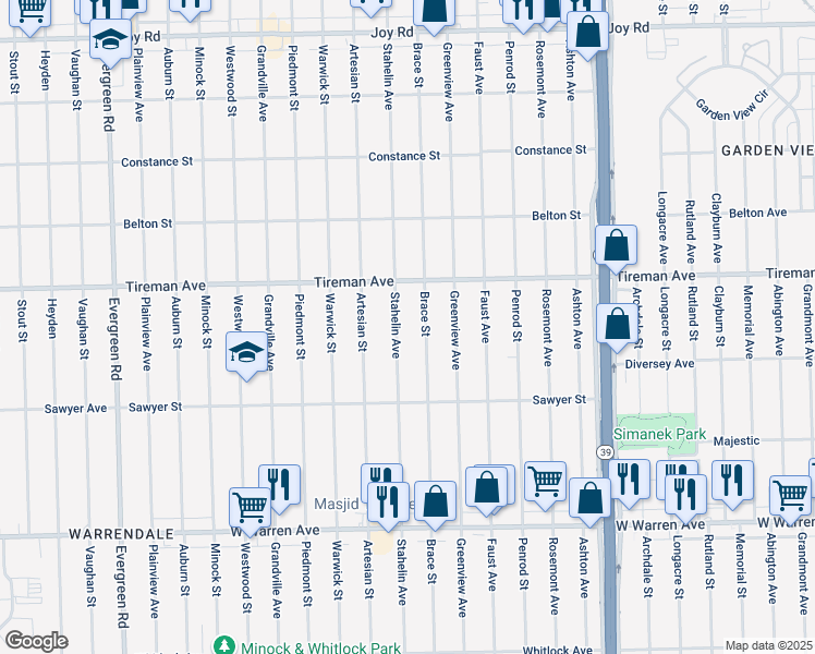 map of restaurants, bars, coffee shops, grocery stores, and more near 7778 Stahelin Avenue in Detroit