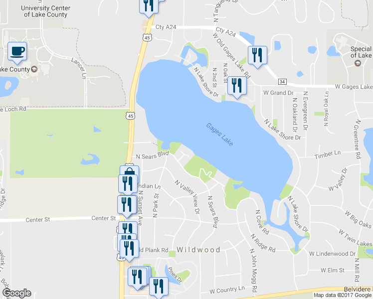 map of restaurants, bars, coffee shops, grocery stores, and more near 33454 North Lakeview Court in Grayslake