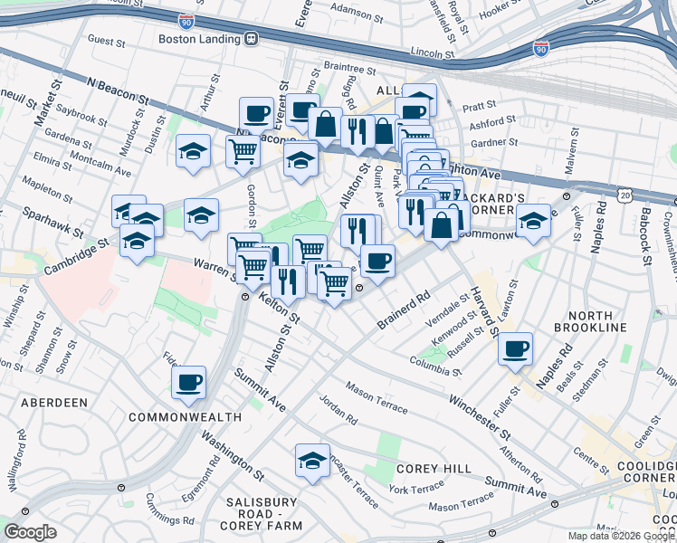 map of restaurants, bars, coffee shops, grocery stores, and more near 16 Long Avenue in Boston