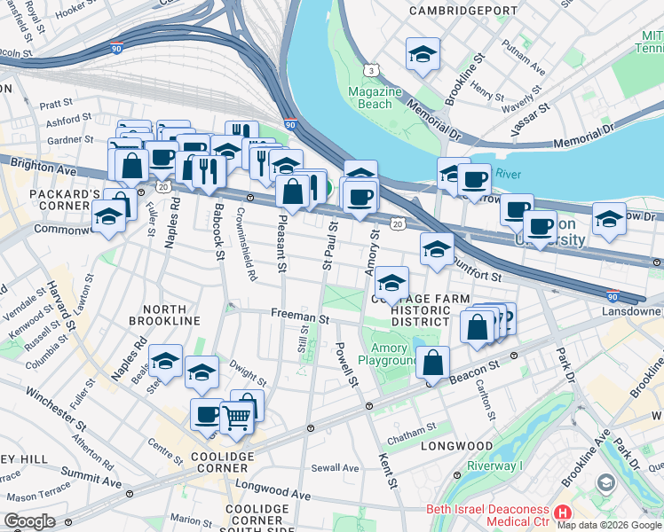 map of restaurants, bars, coffee shops, grocery stores, and more near 49 Egmont Street in Brookline