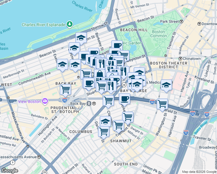 map of restaurants, bars, coffee shops, grocery stores, and more near 380 Stuart Street in Boston