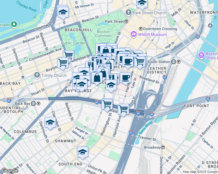 map of restaurants, bars, coffee shops, grocery stores, and more near 821 Washington Street in Boston