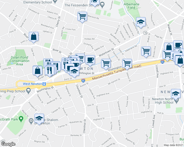 map of restaurants, bars, coffee shops, grocery stores, and more near 1171 Washington Street in Newton