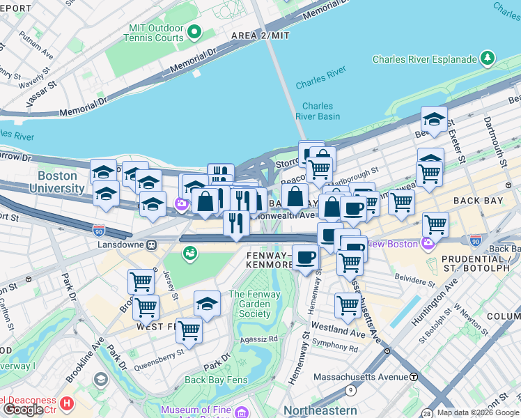 map of restaurants, bars, coffee shops, grocery stores, and more near Commonwealth Avenue & Charlesgate W in Boston