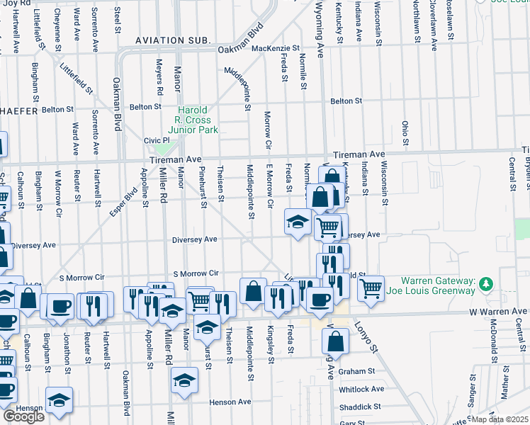 map of restaurants, bars, coffee shops, grocery stores, and more near 7738 Middlepointe Street in Dearborn