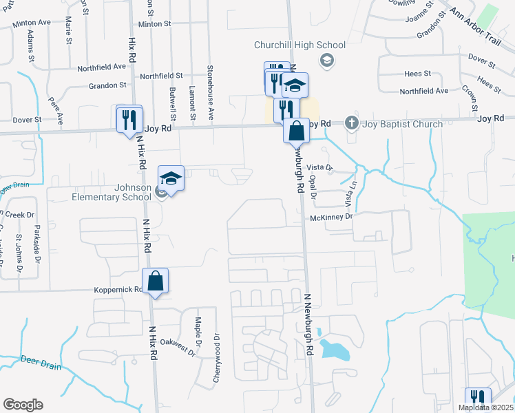 map of restaurants, bars, coffee shops, grocery stores, and more near 37715 Scotsdale Circle in Westland