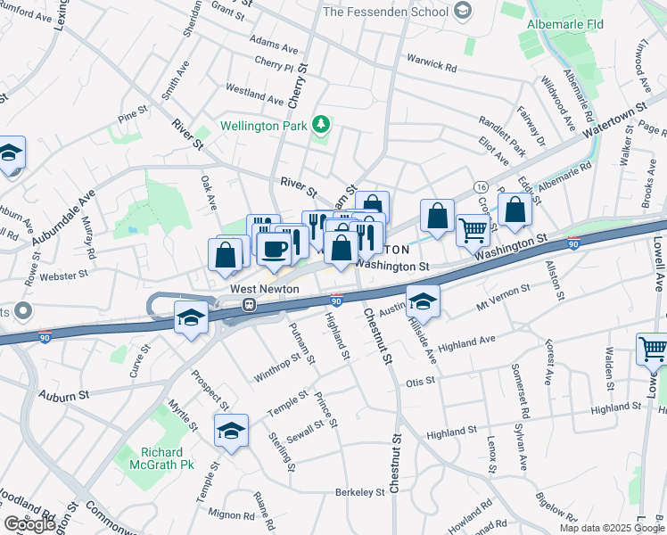 map of restaurants, bars, coffee shops, grocery stores, and more near 1296 Washington Street in Newton
