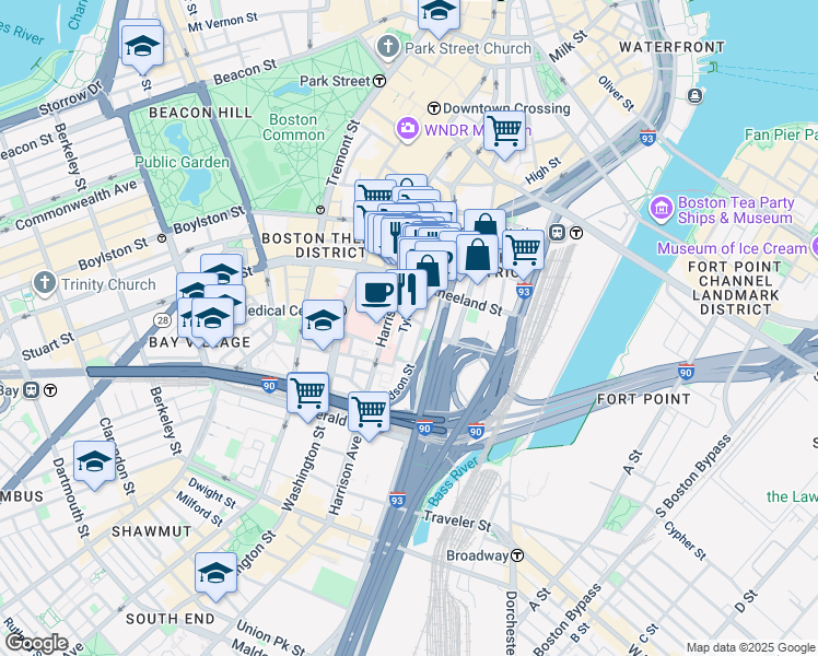 map of restaurants, bars, coffee shops, grocery stores, and more near 76 Tyler Street in Boston