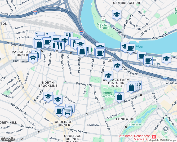 map of restaurants, bars, coffee shops, grocery stores, and more near 60 Egmont Street in Brookline