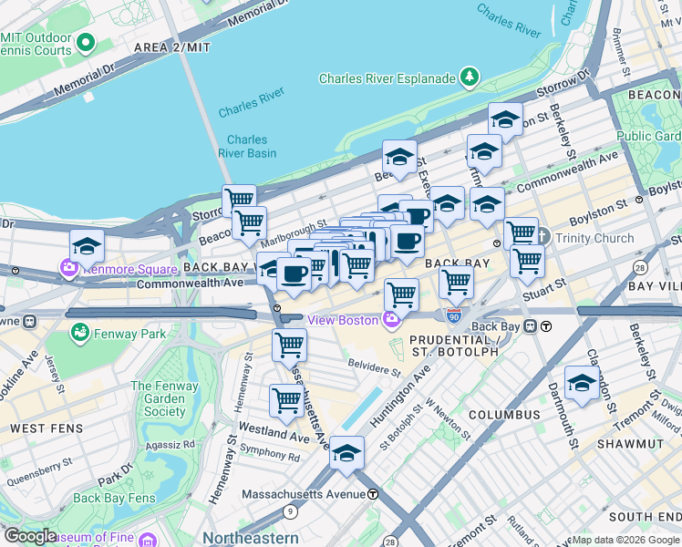 map of restaurants, bars, coffee shops, grocery stores, and more near 296 Commonwealth Avenue in Boston