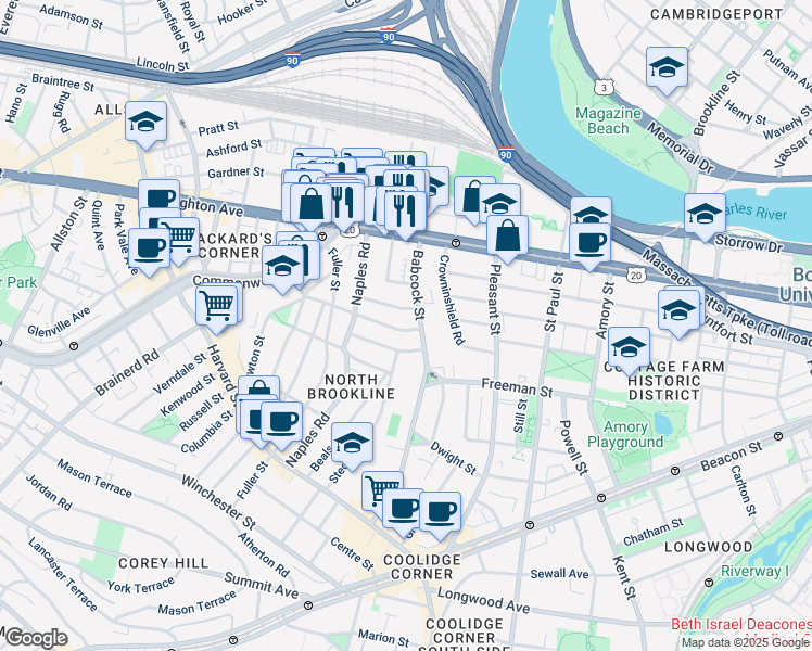 map of restaurants, bars, coffee shops, grocery stores, and more near 27 Osborne Road in Brookline