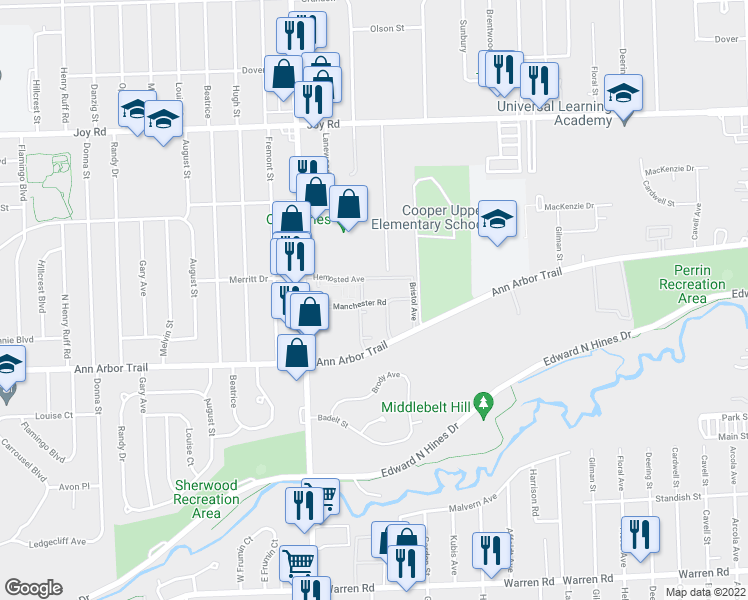 map of restaurants, bars, coffee shops, grocery stores, and more near 29084 Whitehall Street in Westland
