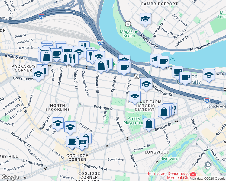 map of restaurants, bars, coffee shops, grocery stores, and more near 49 Egmont Street in Brookline
