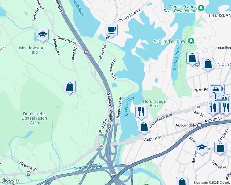map of restaurants, bars, coffee shops, grocery stores, and more near 75 Norumbega Road in Weston