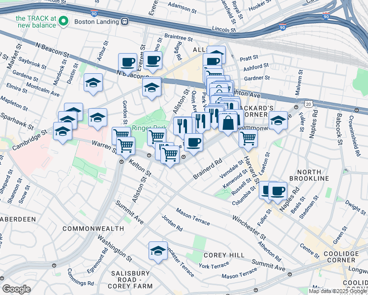 map of restaurants, bars, coffee shops, grocery stores, and more near 66 Glenville Avenue in Boston