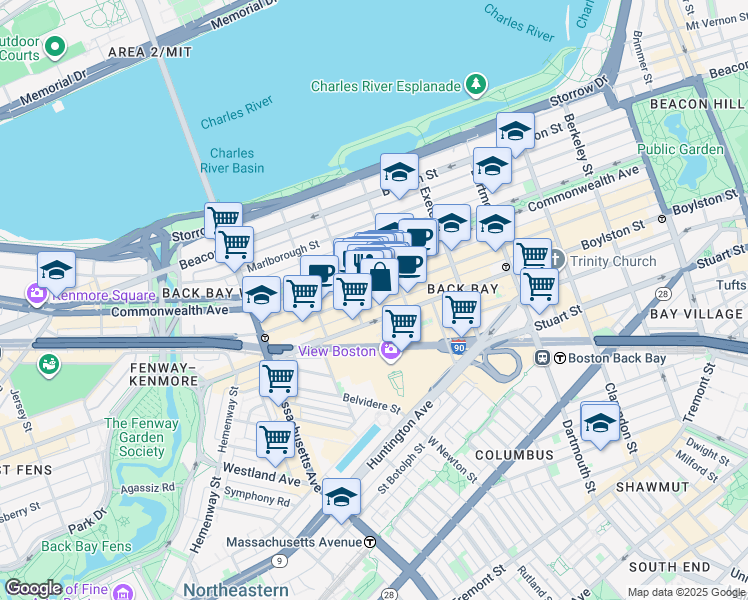 map of restaurants, bars, coffee shops, grocery stores, and more near 265 Newbury Street in Boston
