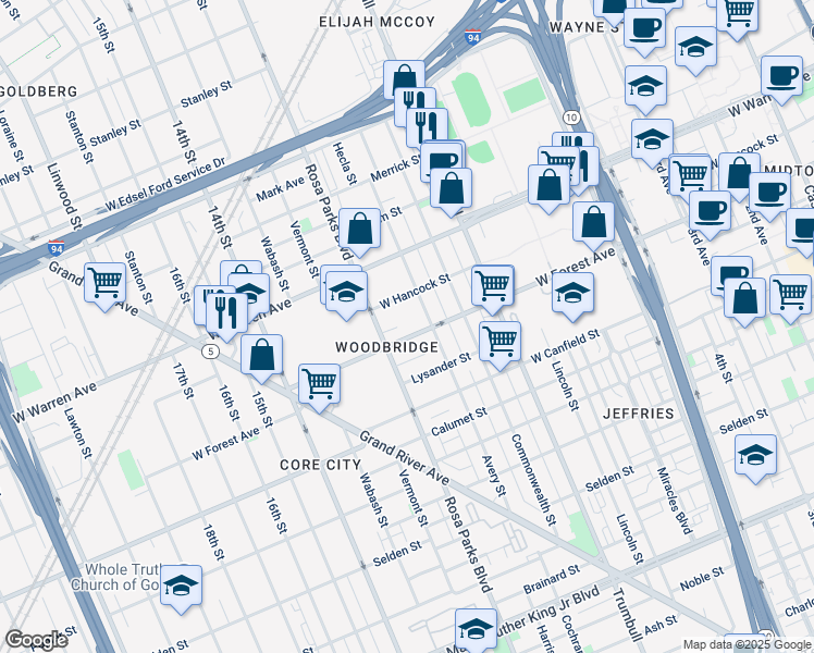 map of restaurants, bars, coffee shops, grocery stores, and more near 4733 Avery Street in Detroit