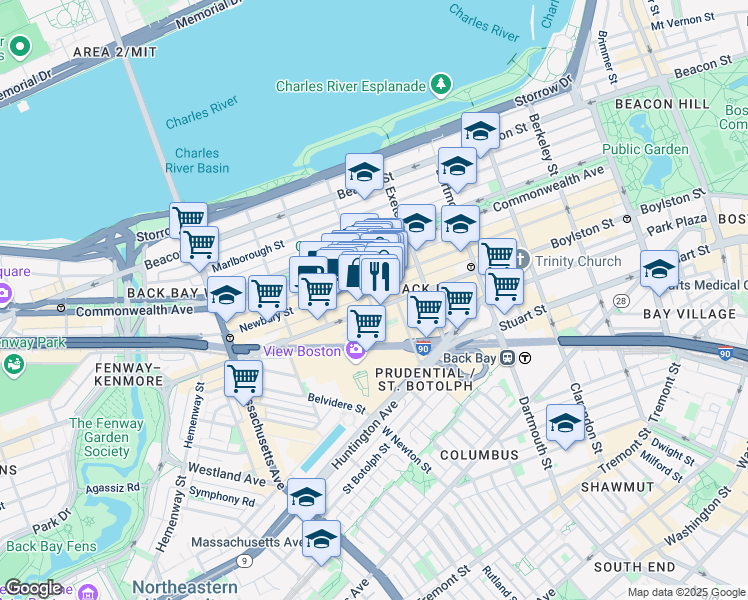 map of restaurants, bars, coffee shops, grocery stores, and more near 240 Newbury Street in Boston