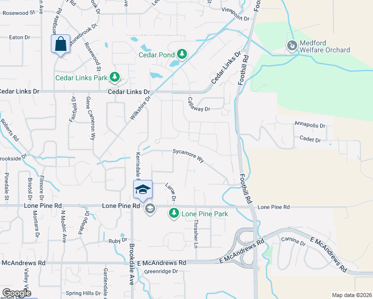 map of restaurants, bars, coffee shops, grocery stores, and more near 3195 Sycamore Way in Medford