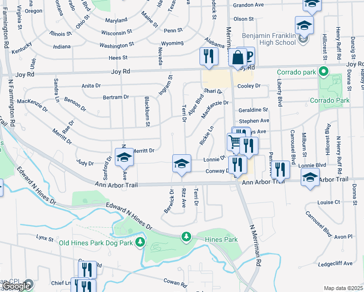 map of restaurants, bars, coffee shops, grocery stores, and more near 8325 Terri Drive in Westland
