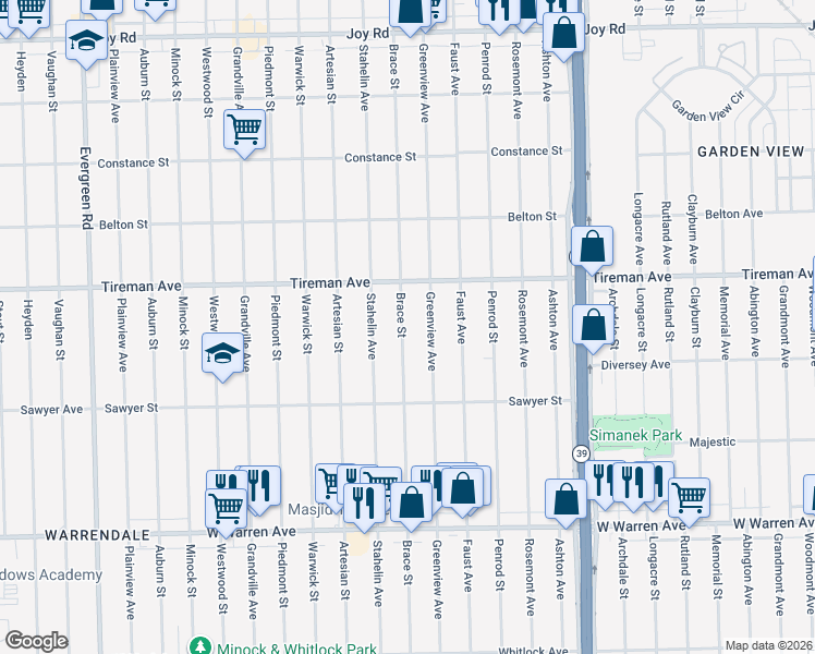 map of restaurants, bars, coffee shops, grocery stores, and more near 7754 Brace Street in Detroit