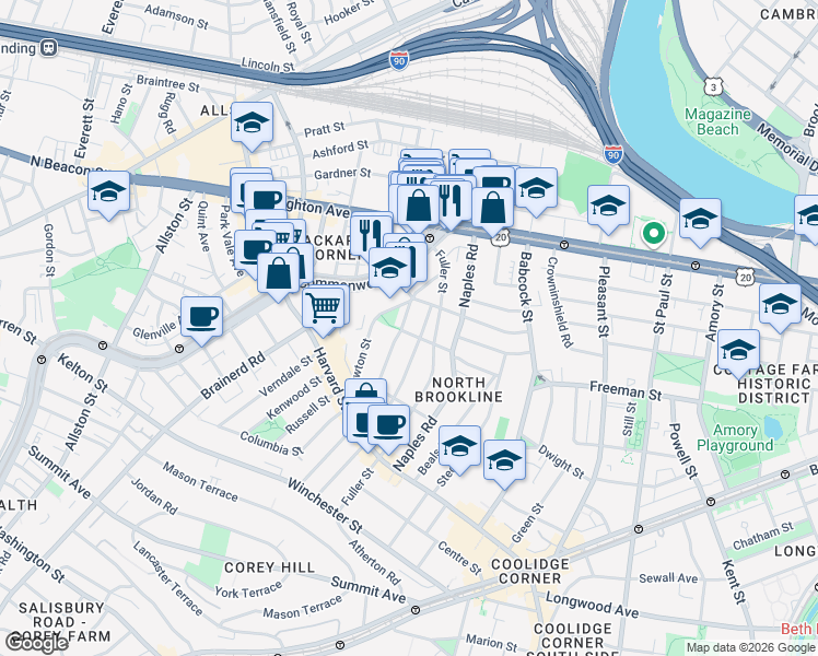 map of restaurants, bars, coffee shops, grocery stores, and more near 168 Coolidge Street in Brookline