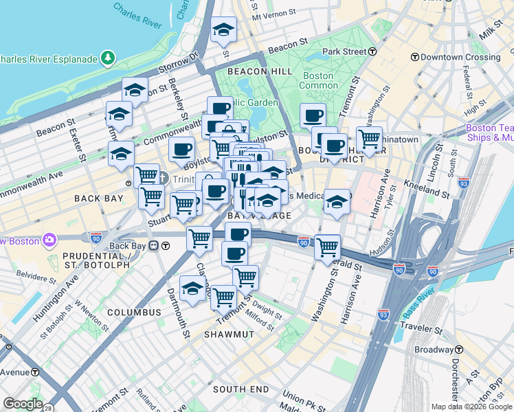 map of restaurants, bars, coffee shops, grocery stores, and more near Arlington Street in Boston