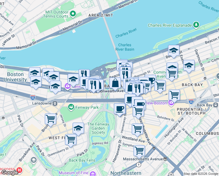 map of restaurants, bars, coffee shops, grocery stores, and more near in Boston