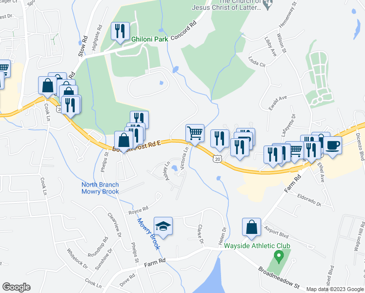 map of restaurants, bars, coffee shops, grocery stores, and more near 293 Boston Post Road East in Marlborough