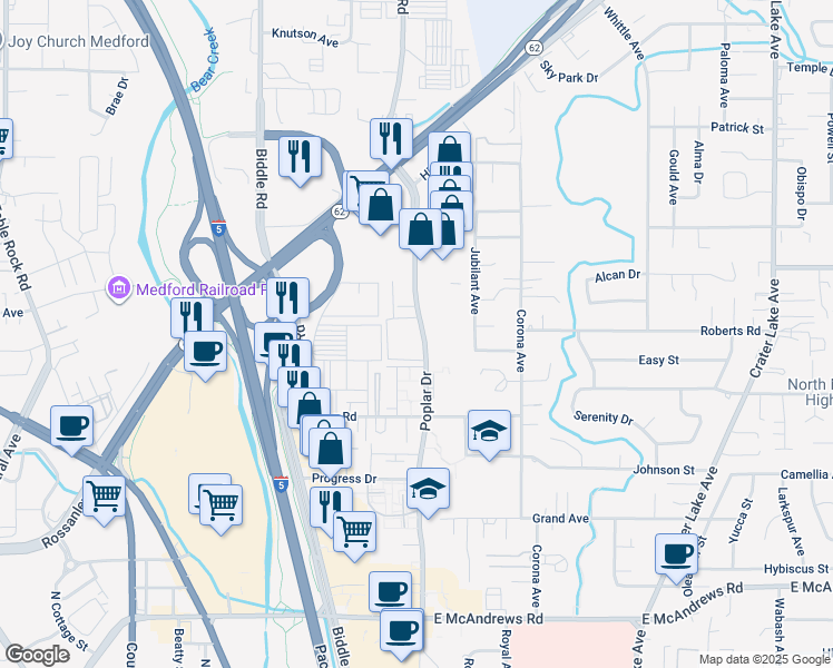 map of restaurants, bars, coffee shops, grocery stores, and more near 2101 Poplar Drive in Medford