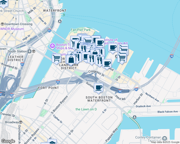 map of restaurants, bars, coffee shops, grocery stores, and more near 131 Seaport Boulevard in Boston