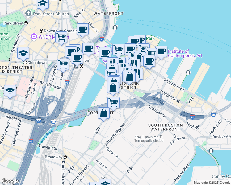 map of restaurants, bars, coffee shops, grocery stores, and more near 51 Melcher Street in Boston