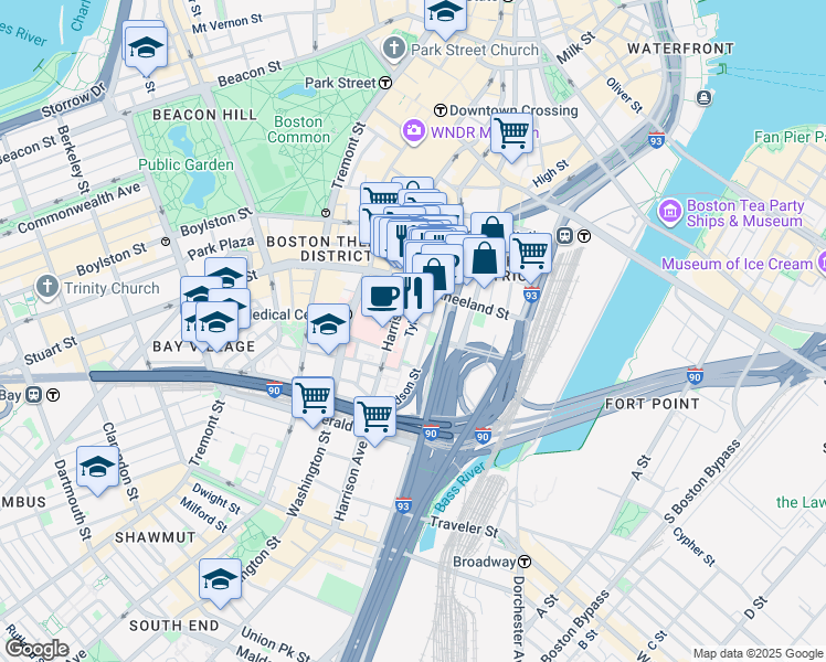 map of restaurants, bars, coffee shops, grocery stores, and more near 1 Hudson Street in Boston