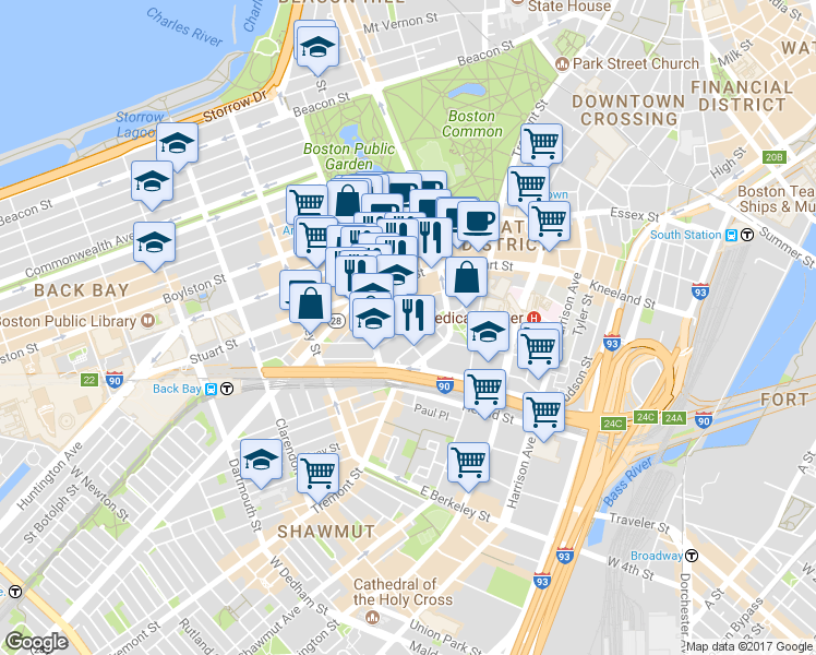 map of restaurants, bars, coffee shops, grocery stores, and more near 46 Church Street in Boston
