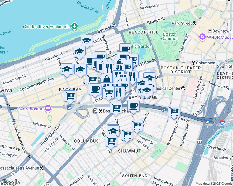 map of restaurants, bars, coffee shops, grocery stores, and more near 385 Stuart Street in Boston