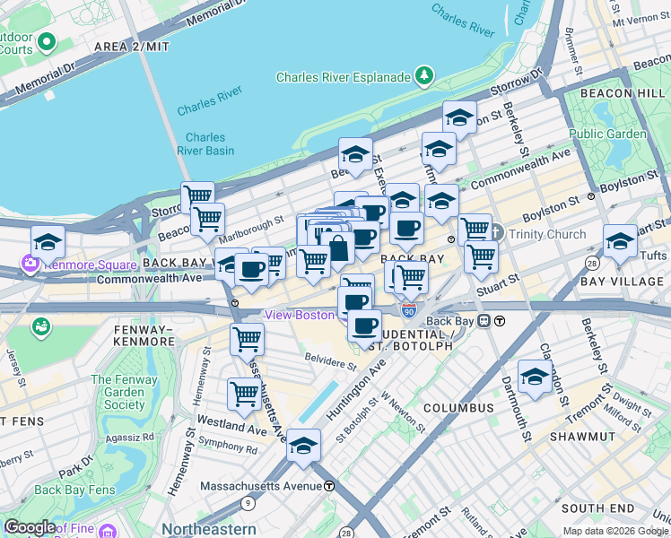 map of restaurants, bars, coffee shops, grocery stores, and more near in Boston