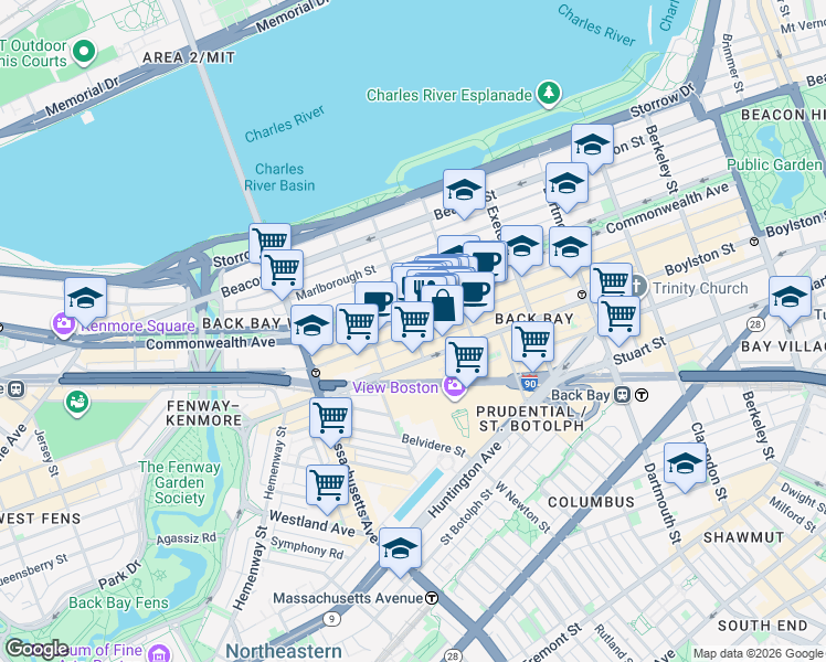 map of restaurants, bars, coffee shops, grocery stores, and more near in Boston