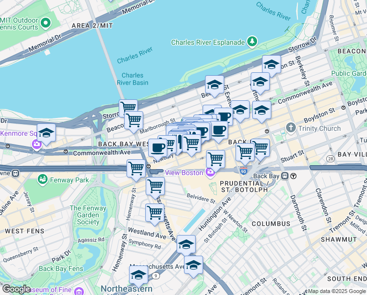 map of restaurants, bars, coffee shops, grocery stores, and more near 296 Commonwealth Avenue in Boston