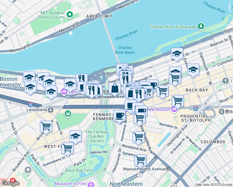 map of restaurants, bars, coffee shops, grocery stores, and more near 409 Commonwealth Avenue in Boston