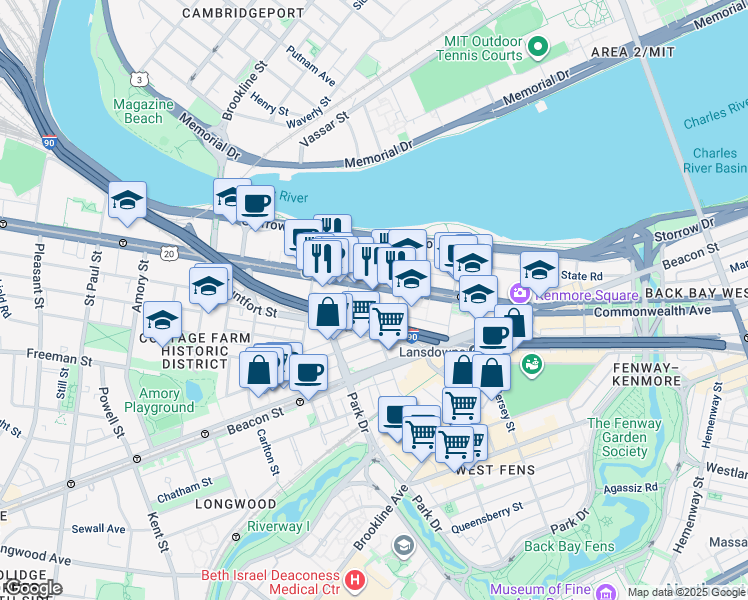map of restaurants, bars, coffee shops, grocery stores, and more near in Boston
