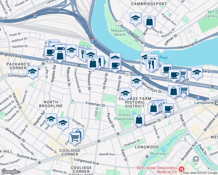 map of restaurants, bars, coffee shops, grocery stores, and more near 15 Egmont Street in Brookline