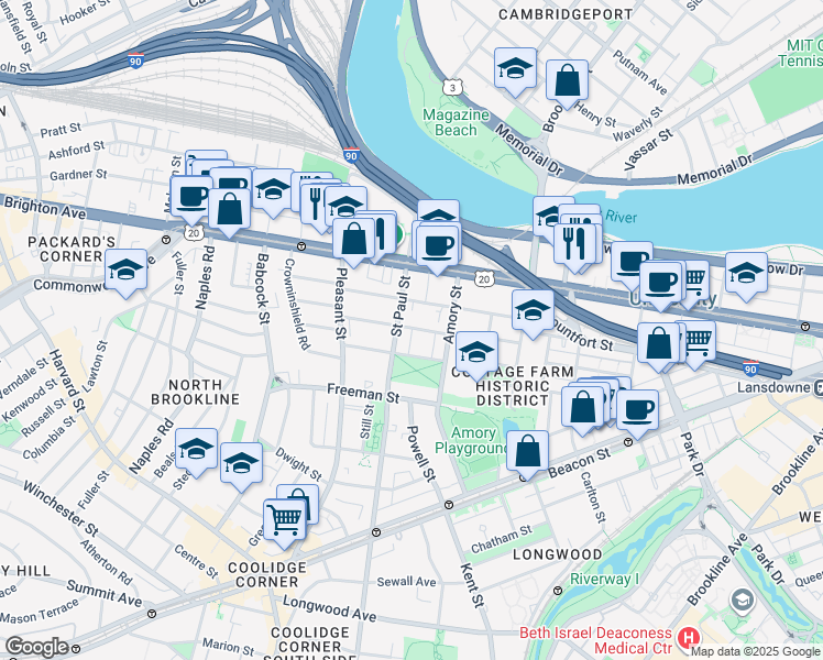 map of restaurants, bars, coffee shops, grocery stores, and more near 15 Egmont Street in Brookline