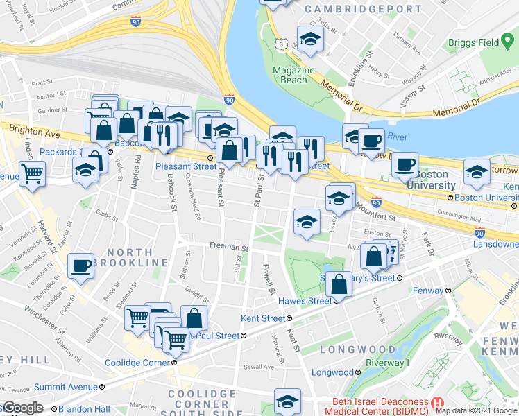map of restaurants, bars, coffee shops, grocery stores, and more near 49 Egmont Street in Brookline