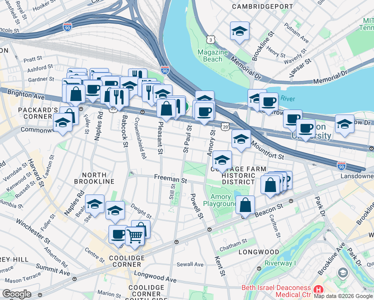 map of restaurants, bars, coffee shops, grocery stores, and more near 49 Egmont Street in Brookline